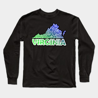 Colorful mandala art map of Virginia with text in blue and green Long Sleeve T-Shirt